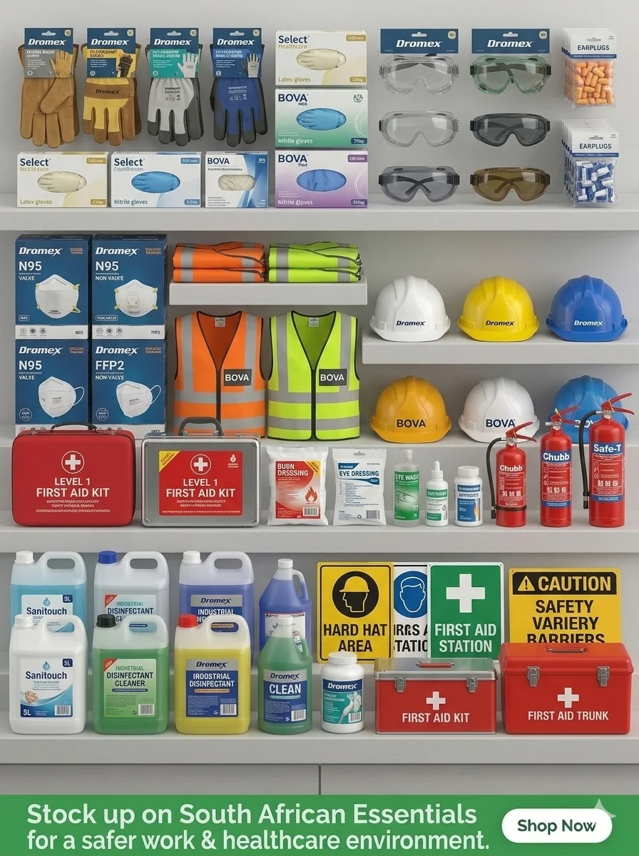 Health and safety equipment including protective gloves, goggles and high visibility vests